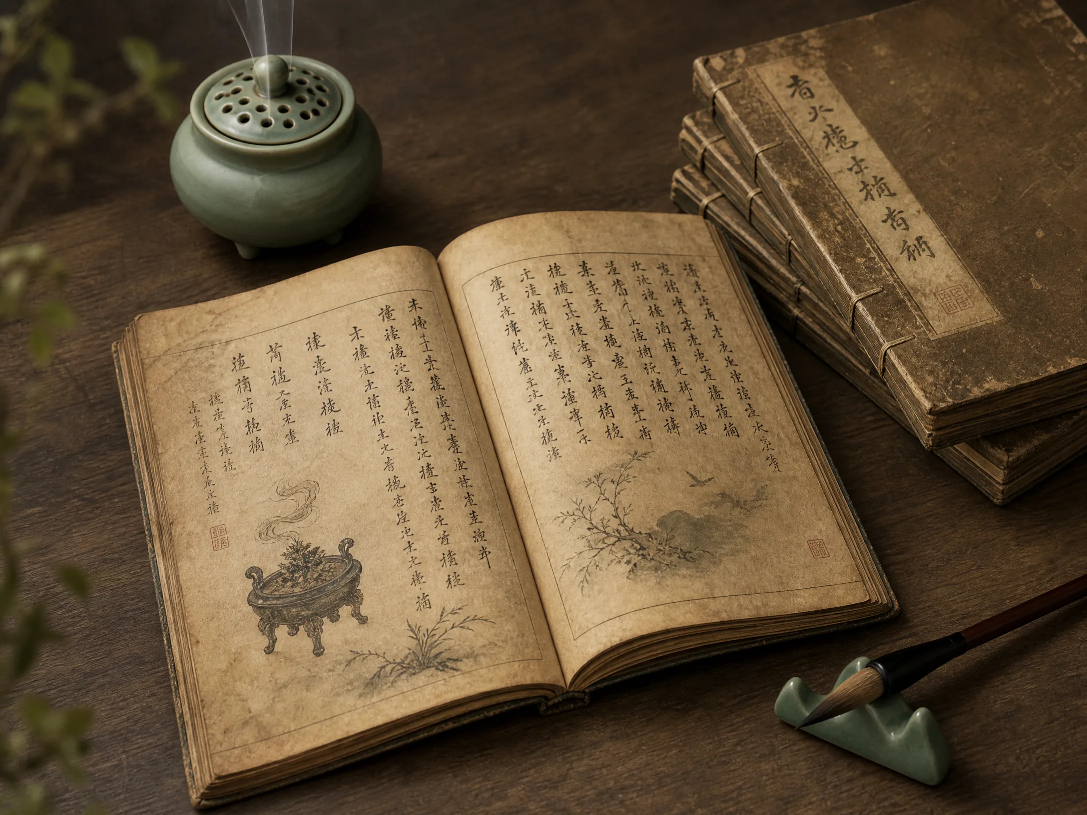 线装香谱古籍摊开,竖排手写香方文字,纸页泛黄