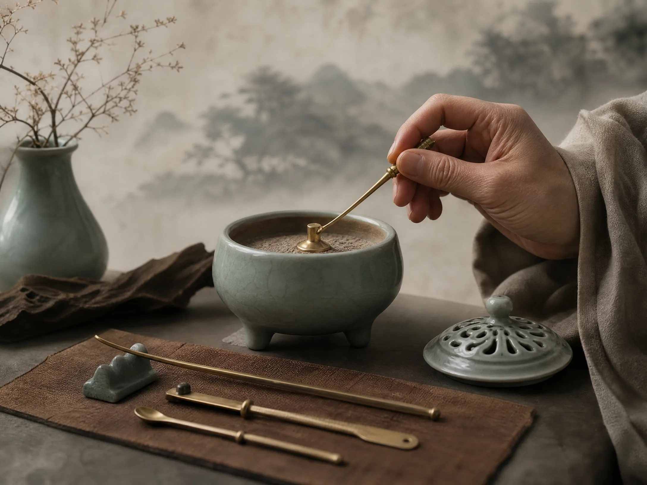 香主以铜箸理平青瓷炉中香灰