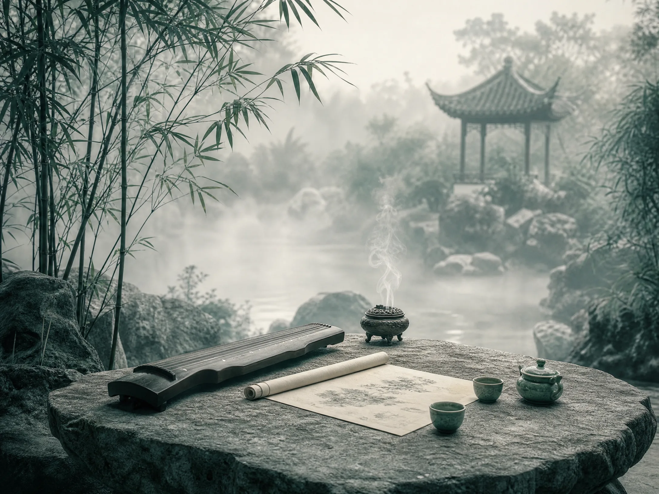 庭院雅集陈设香炉古琴茶盏
